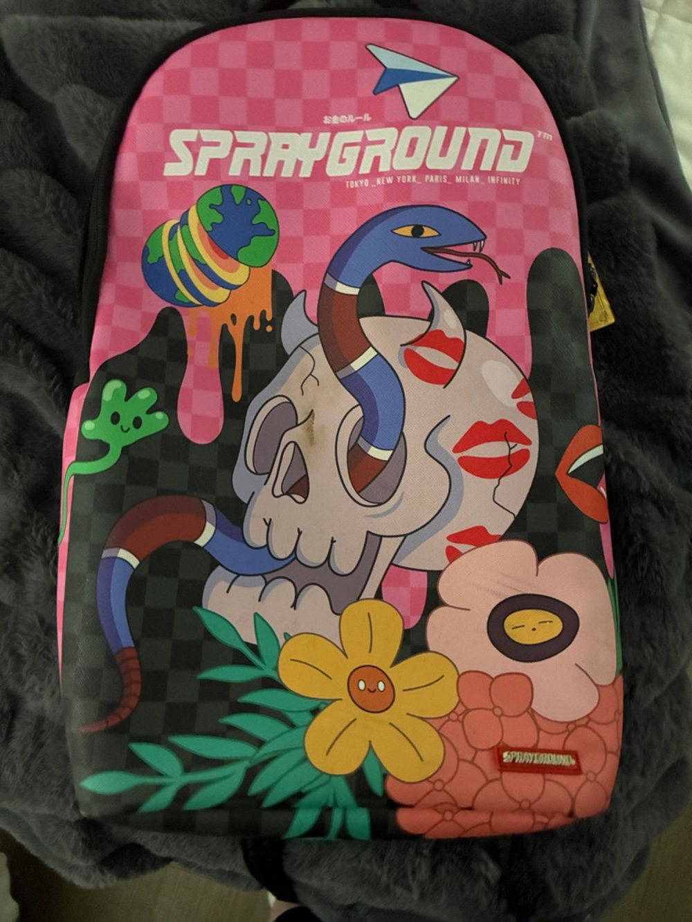 Sprayground Pink Skull & Snake Graphic Backpack with Floral Accents